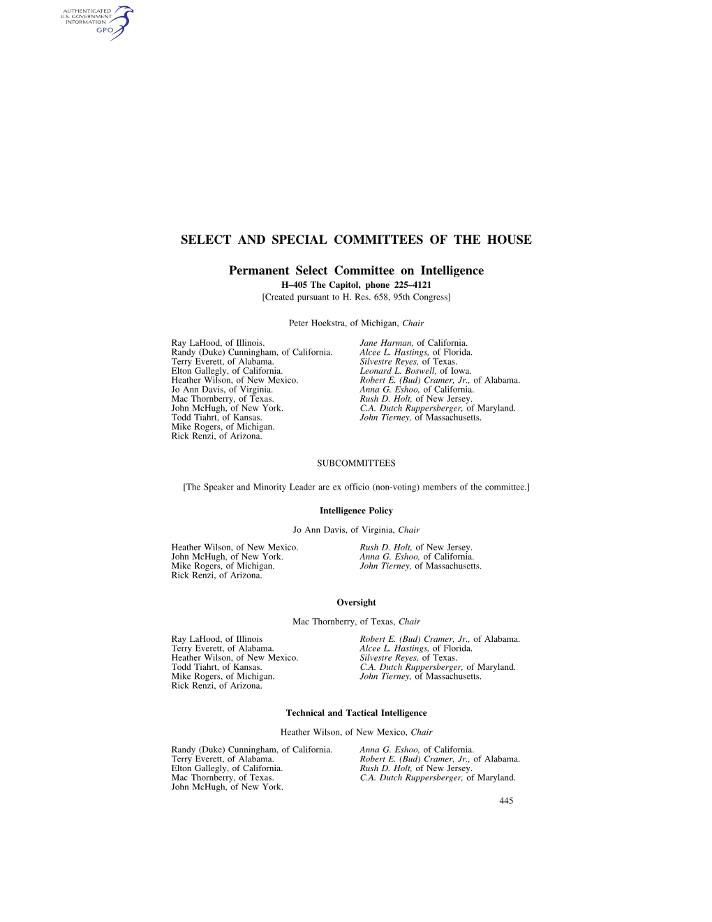 Select and Special Committees of the House