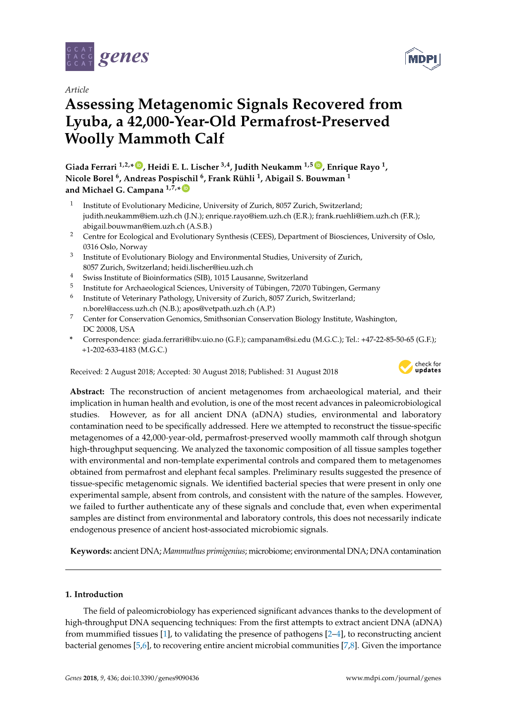 Assessing Metagenomic Signals Recovered from Lyuba, a 42,000-Year-Old Permafrost-Preserved Woolly Mammoth Calf