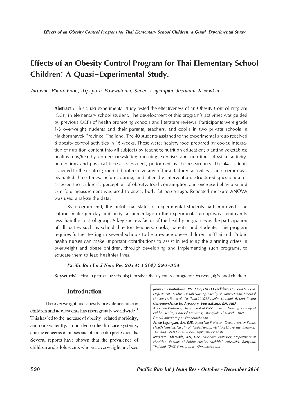 Effects of an Obesity Control Program for Thai Elementary School Children: a Quasi-Experimental Study