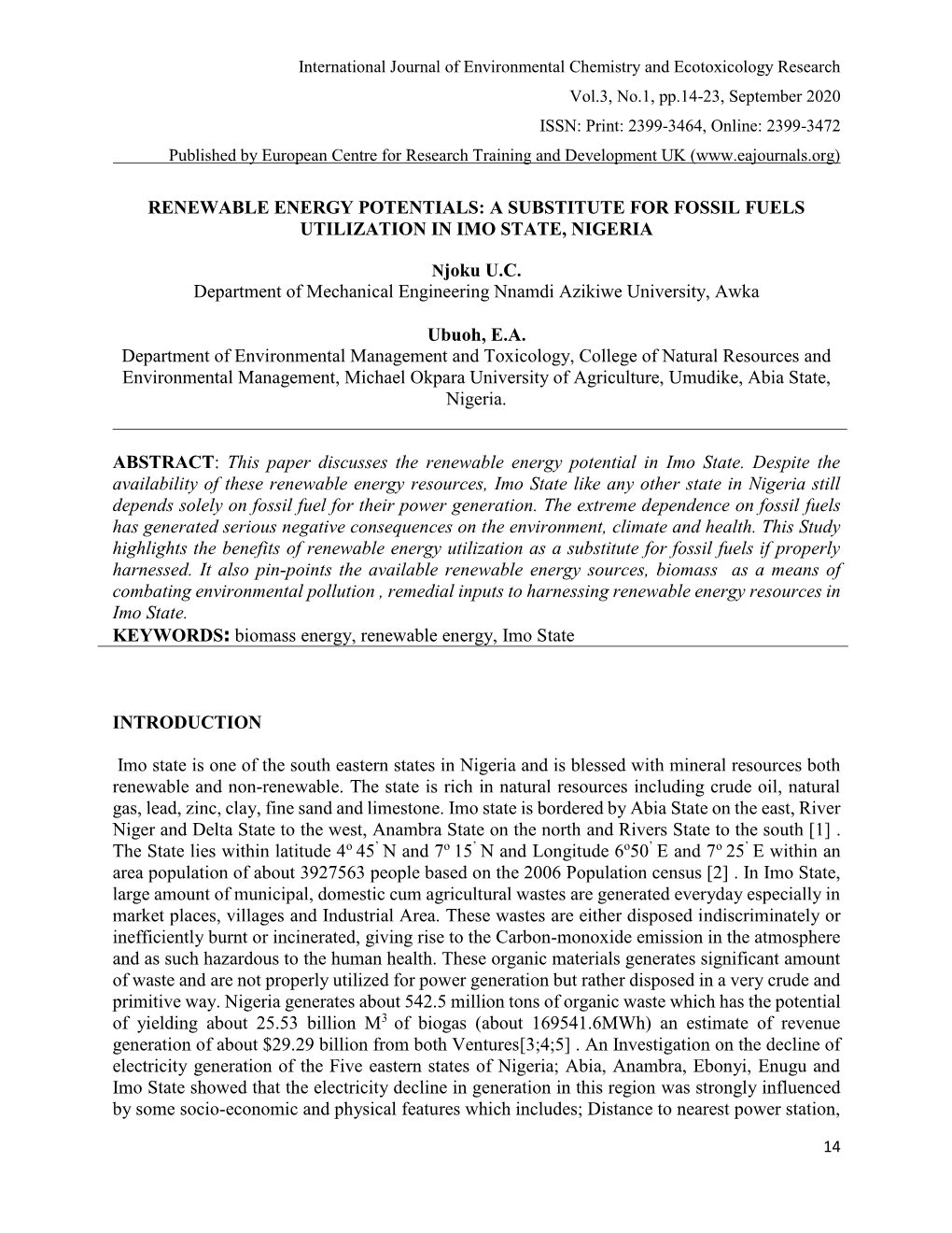 Renewable Energy Potentials: a Substitute for Fossil Fuels Utilization in Imo State, Nigeria