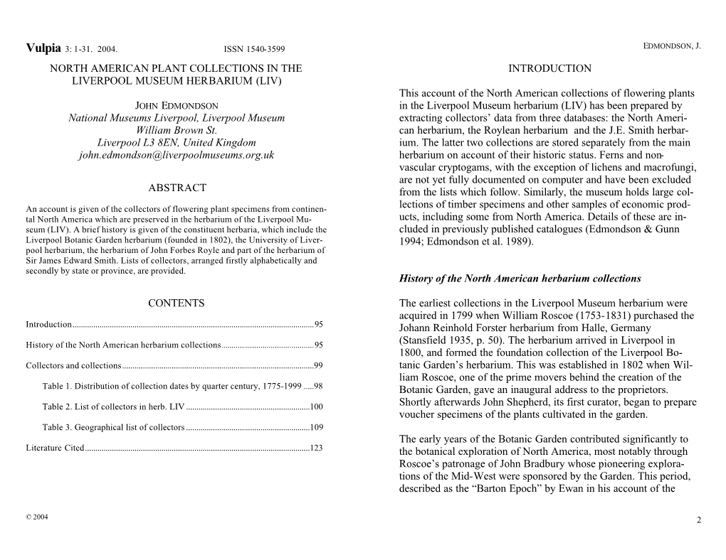 North American Plant Collections in the Liverpool Museum Herbarium