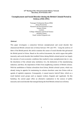 Unemployment and Social Disorder During the British Colonial Period in Eritrea (1941-1951)