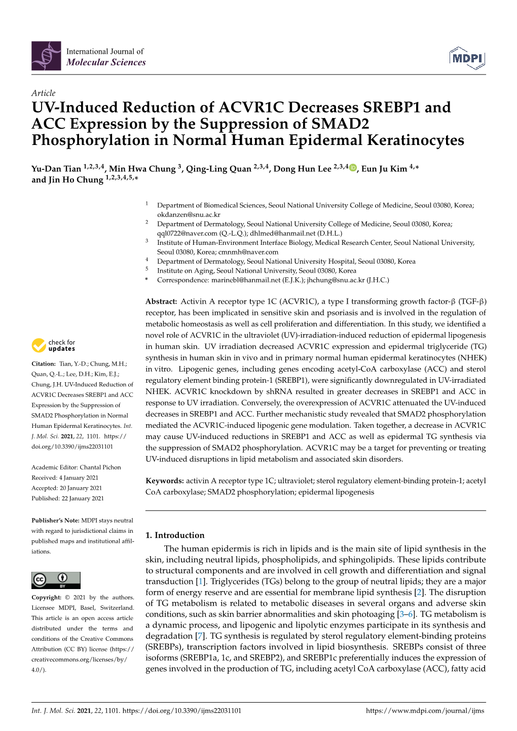 UV-Induced Reduction of ACVR1C Decreases SREBP1 and ACC Expression by the Suppression of SMAD2 Phosphorylation in Normal Human Epidermal Keratinocytes