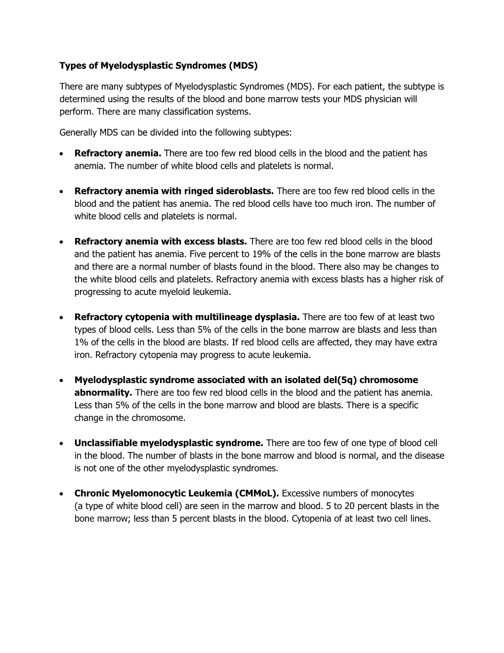 Types of Myelodysplastic Syndromes (MDS) There Are Many Subtypes Of