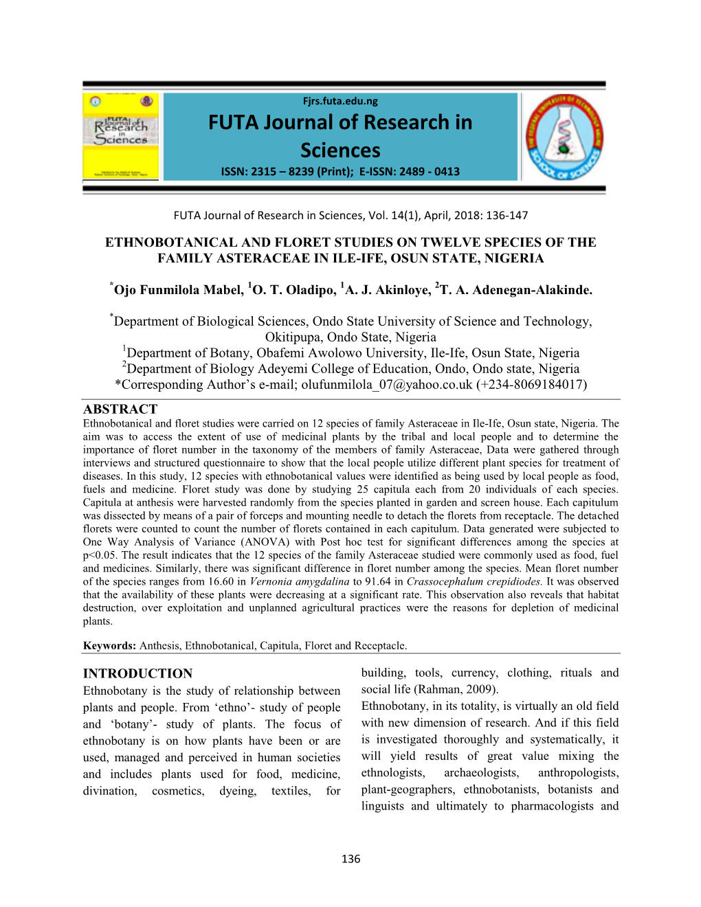 FUTA Journal of Research in Sciences ISSN: 2315 – 8239 (Print); E-ISSN: 2489 - 0413