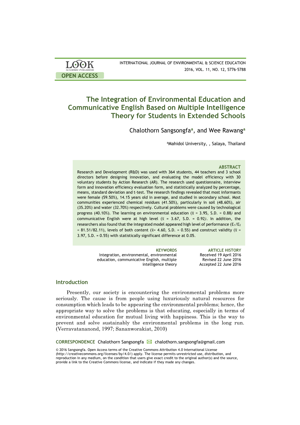 The Integration of Environmental Education and Communicative English Based on Multiple Intelligence Theory for Students in Extended Schools