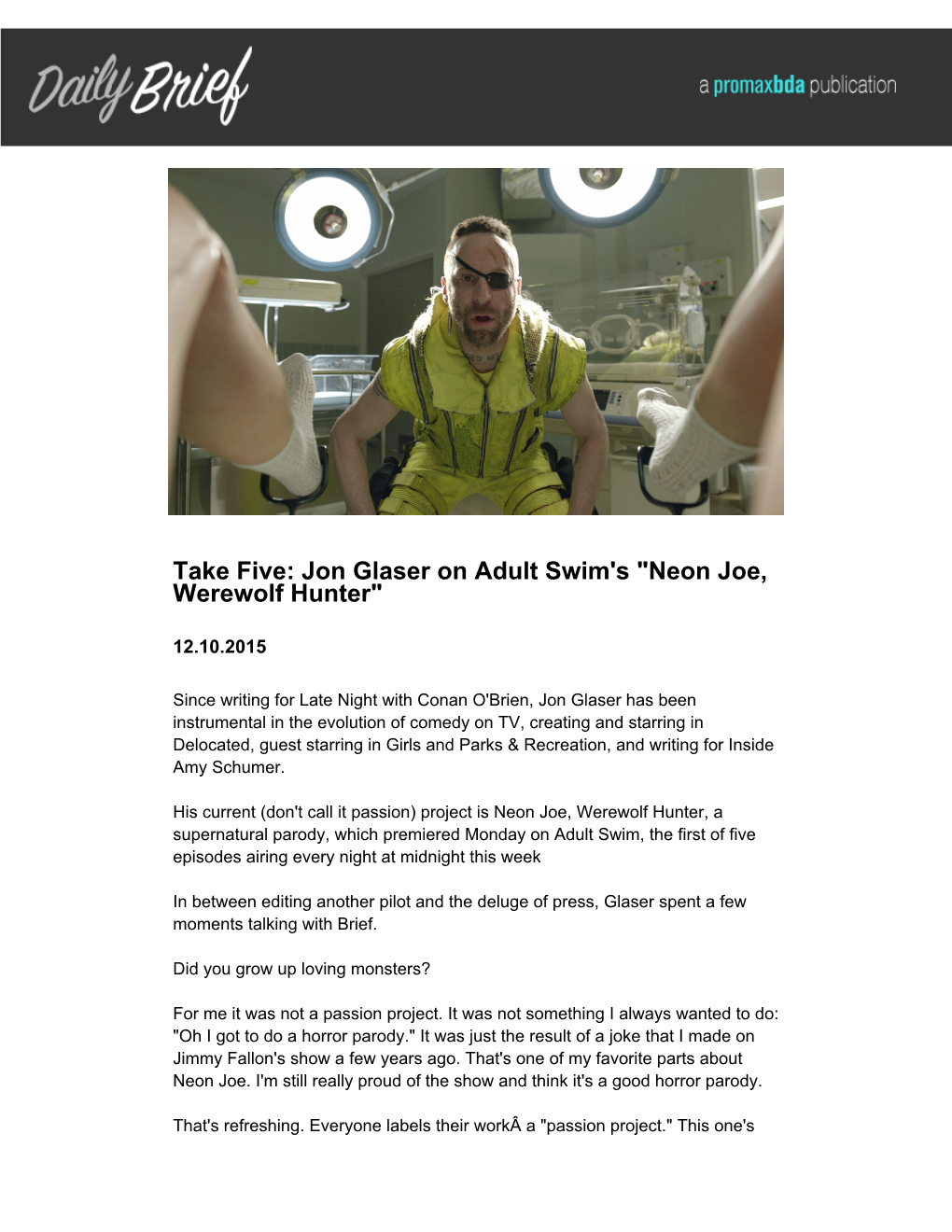 Take Five: Jon Glaser on Adult Swim's "Neon Joe, Werewolf Hunter"