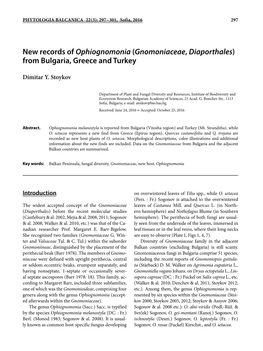 Gnomoniaceae, Diaporthales) from Bulgaria, Greece and Turkey