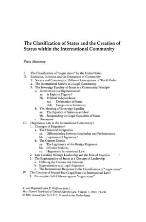 The Classification of States and the Creation of Status Within the International Community