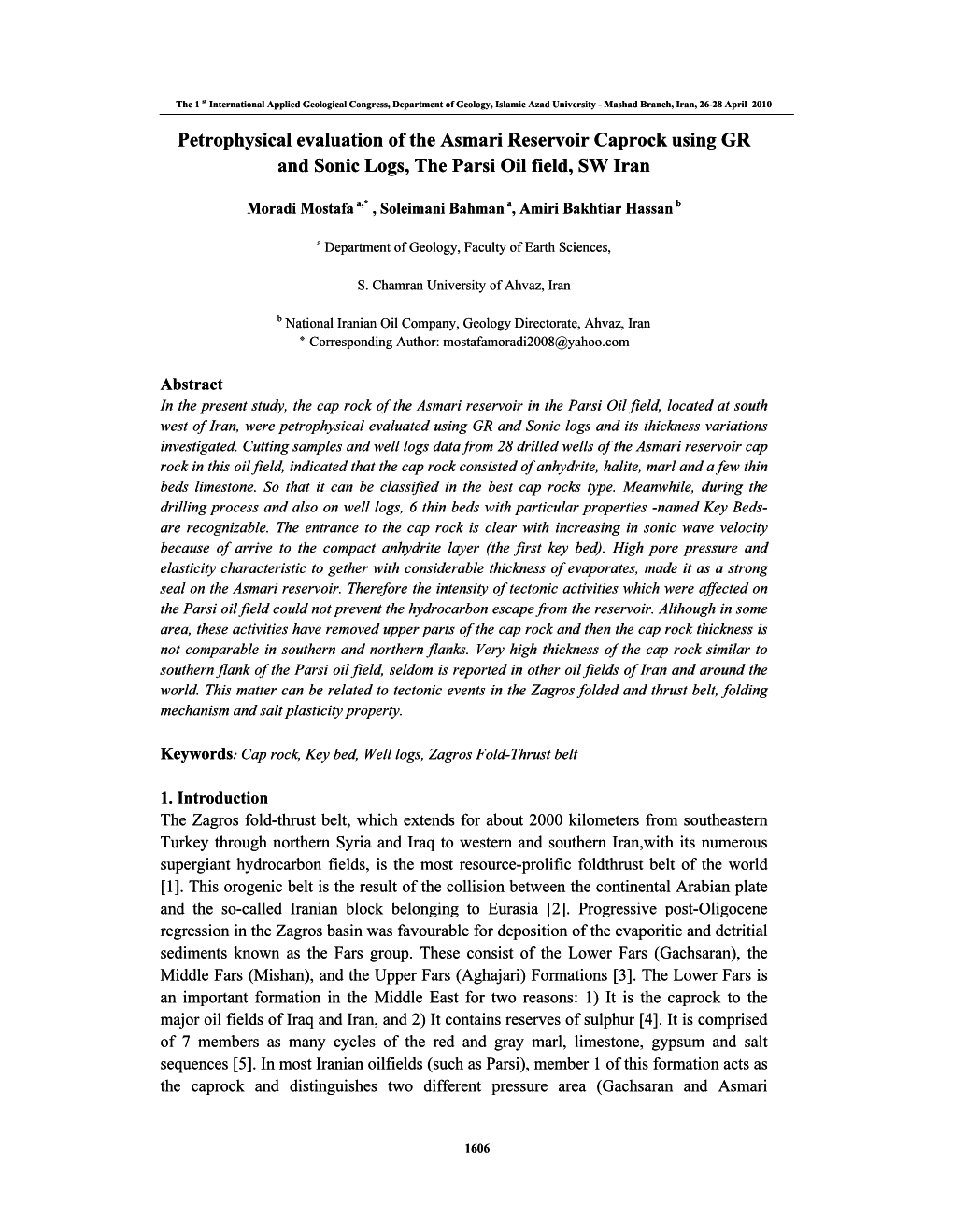 Petrophysical Evaluation of the Asmari Reservoir Caprock Using GR and Sonic Logs, the Parsi Oil Field, SW Iran