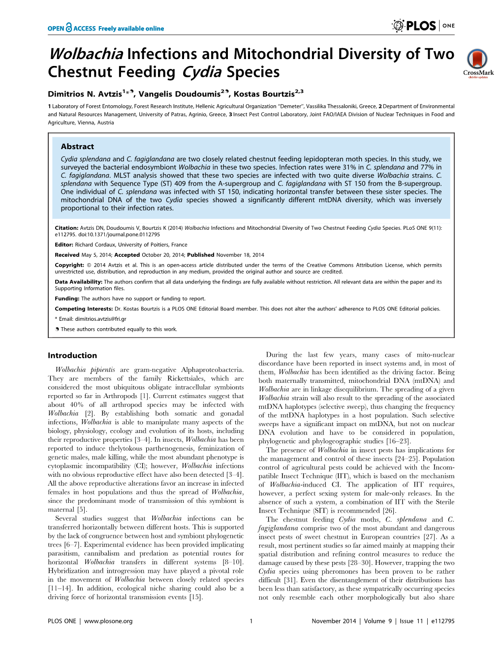 Wolbachia Infections and Mitochondrial Diversity of Two Chestnut Feeding Cydia Species