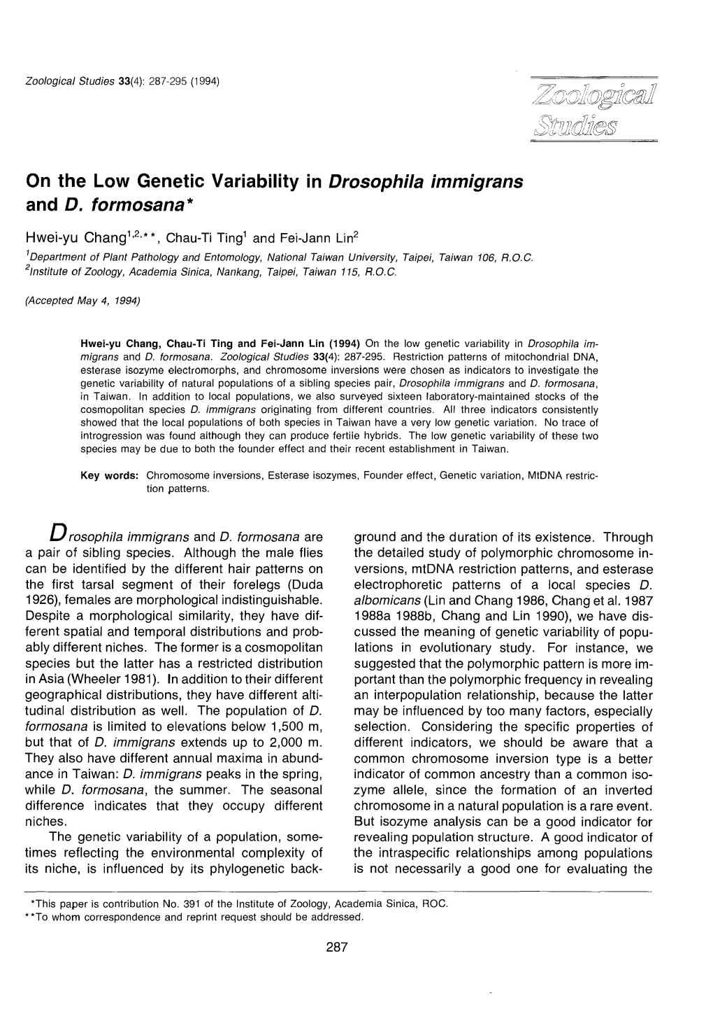 On the Low Genetic Variability in Drosophila Immigrans and D