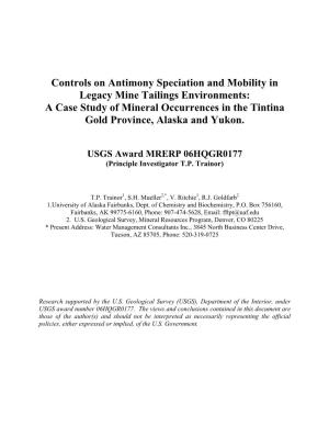 Controls on Antimony Speciation and Mobility in Legacy Mine Tailings Environments: a Case Study of Mineral Occurrences in the Tintina Gold Province, Alaska and Yukon