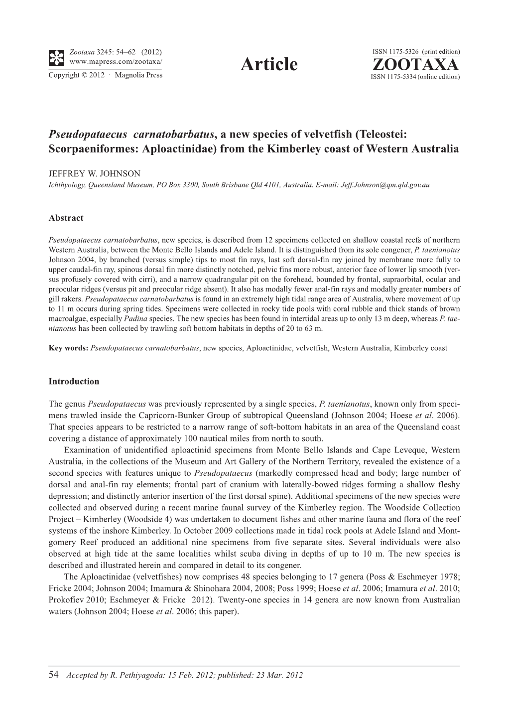 Pseudopataecus Carnatobarbatus, a New Species of Velvetfish (Teleostei: Scorpaeniformes: Aploactinidae) from the Kimberley Coast of Western Australia