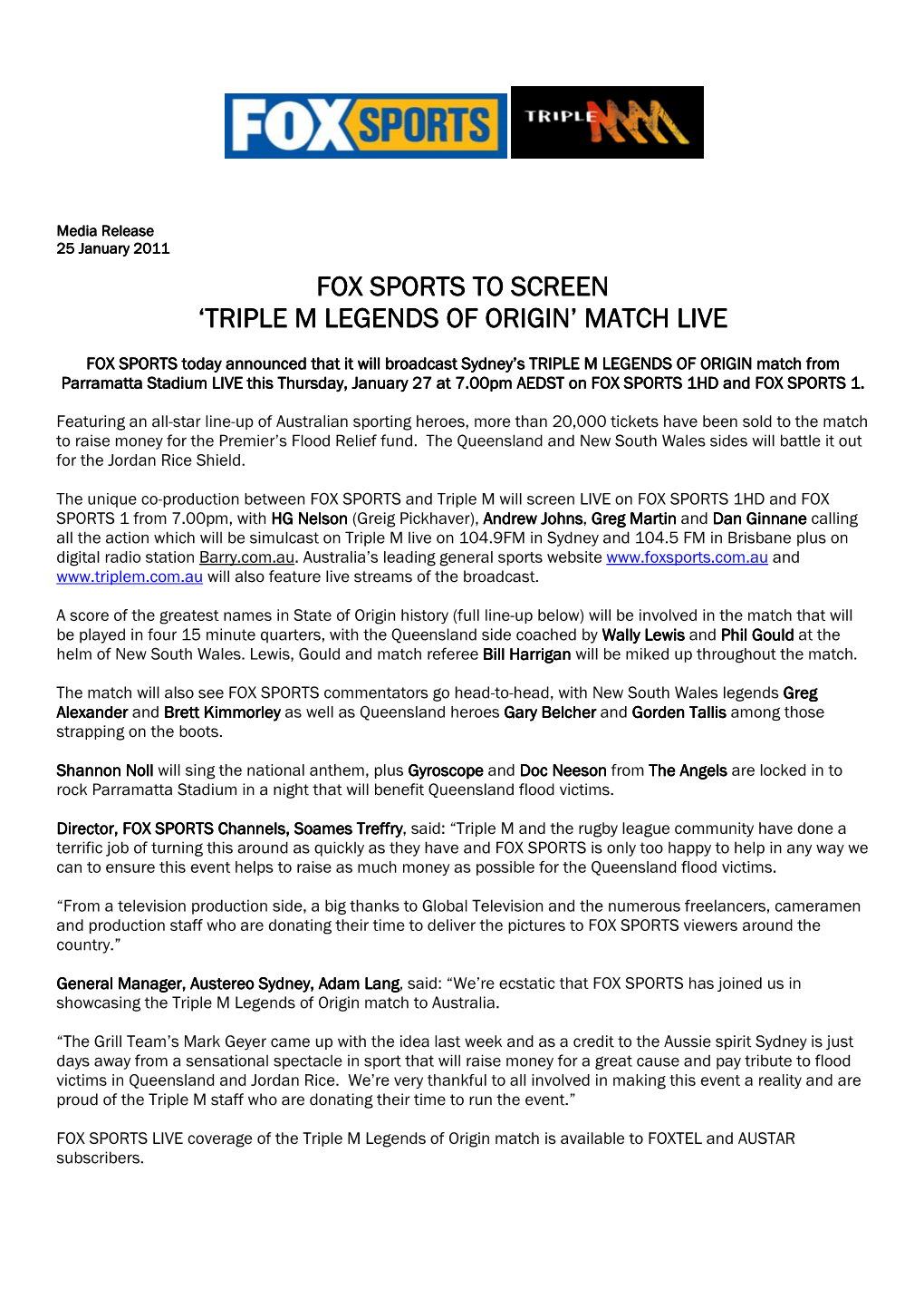 110125 Fox Sports to Screen Triple M Legends of Origin Match Live