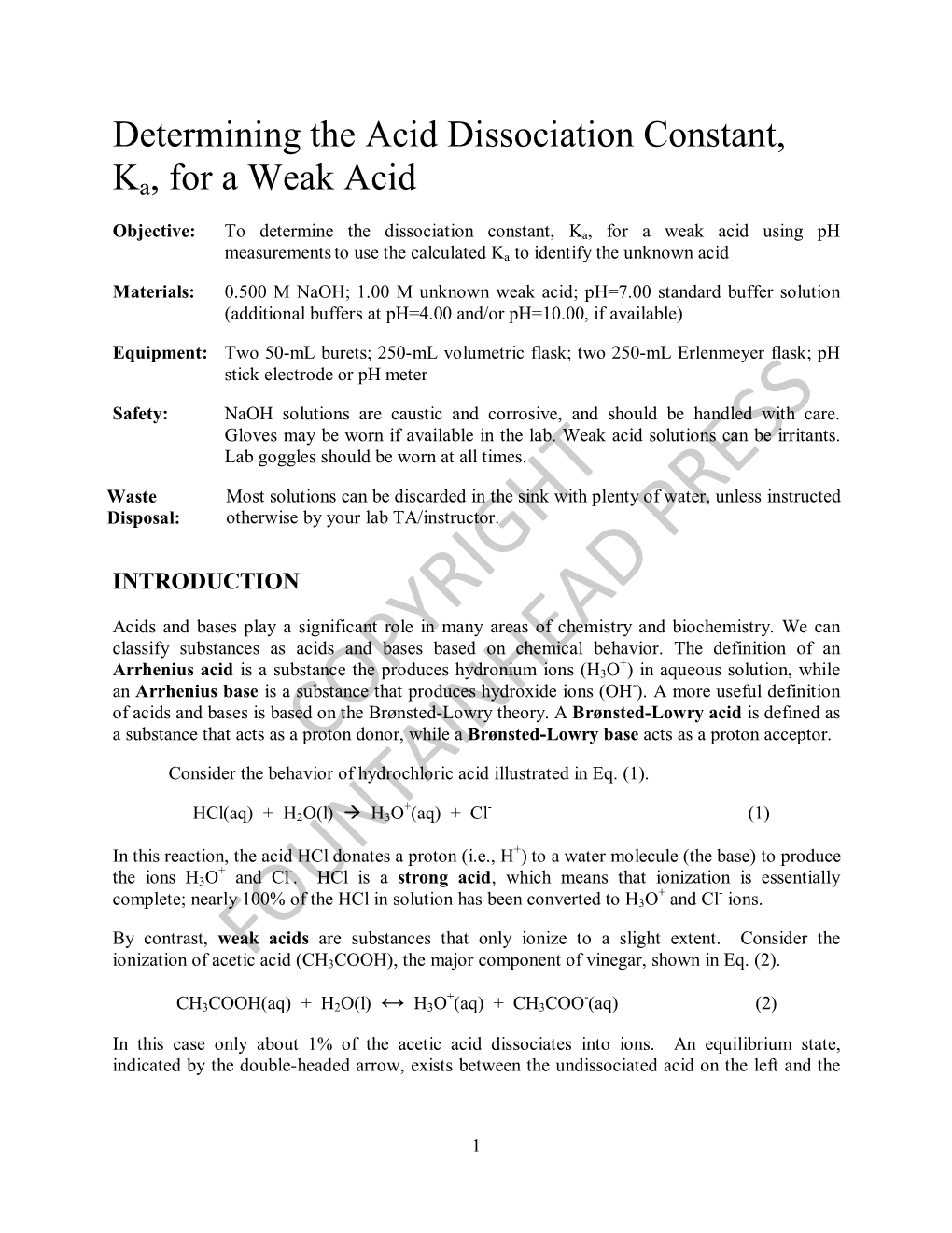 Determining the Acid Dissociation Constant, Ka, for a Weak Acid