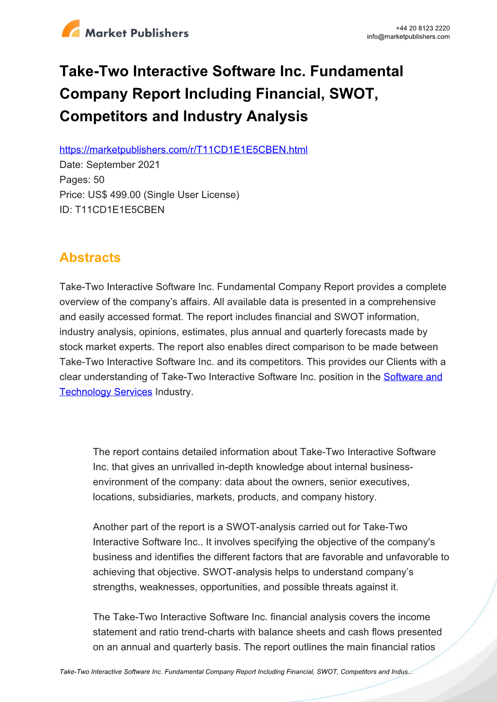 Take-Two Interactive Software Inc. Fundamental Company Report