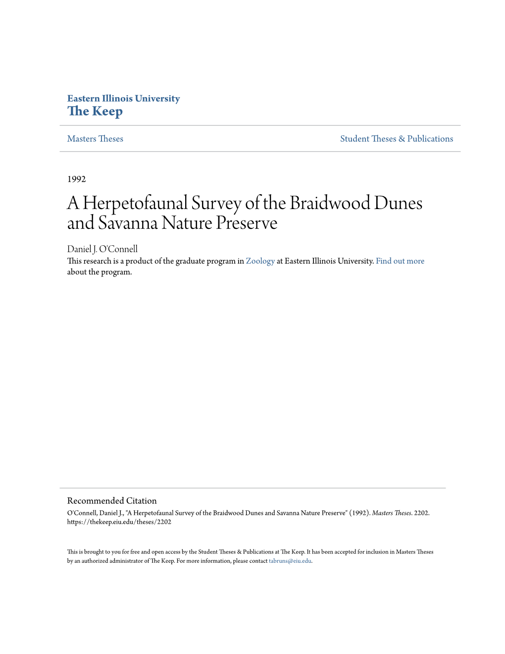 A Herpetofaunal Survey of the Braidwood Dunes and Savanna Nature Preserve Daniel J