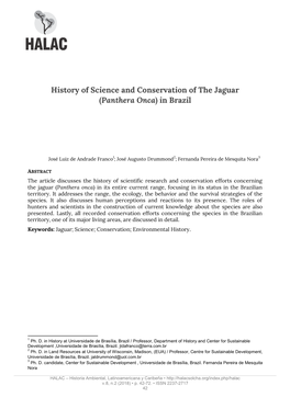 History of Science and Conservation of the Jaguar (Panthera Onca) in Brazil