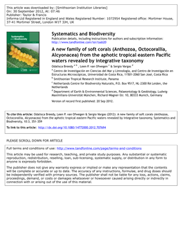 Anthozoa, Octocorallia, Alcyonacea) from the Aphotic Tropical Eastern Pacific Waters Revealed by Integrative Taxonomy Odalisca Breedy a B , Leen P