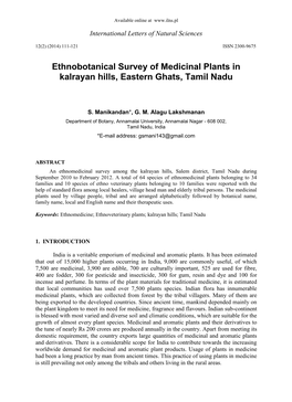 Ethnobotanical Survey of Medicinal Plants in Kalrayan Hills, Eastern Ghats, Tamil Nadu