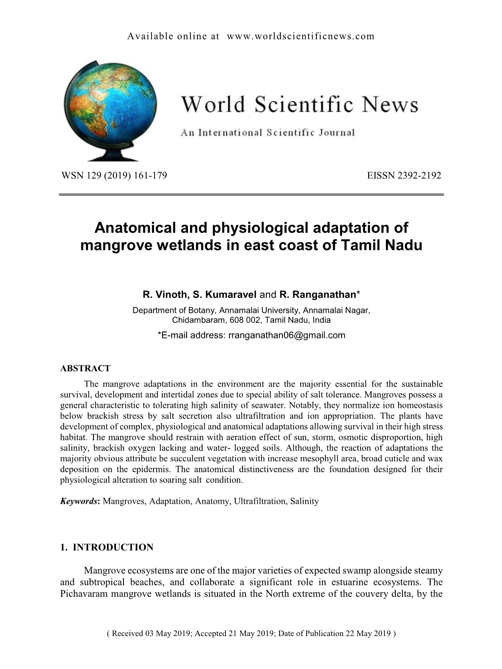 Anatomical and Physiological Adaptation of Mangrove Wetlands in East Coast of Tamil Nadu