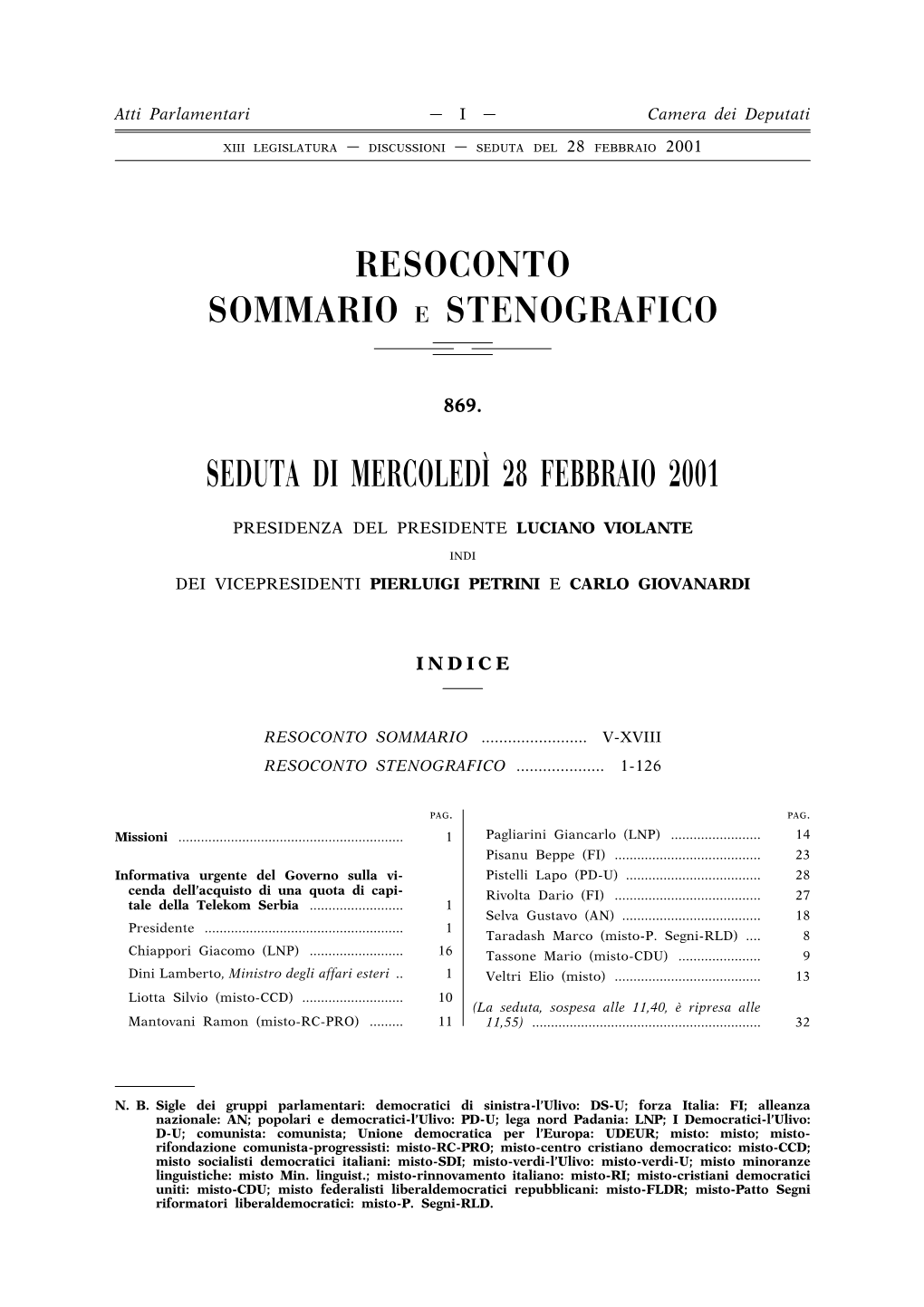 Seduta Di Mercoledi`28 Febbraio 2001