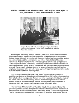 Harry S. Truman at the National Press Club: May 10, 1954, April 12, 1958, December 8, 1958, and November 2, 1961