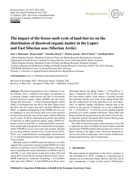 The Impact of the Freeze–Melt Cycle of Land-Fast Ice on the Distribution of Dissolved Organic Matter in the Laptev and East Siberian Seas (Siberian Arctic)