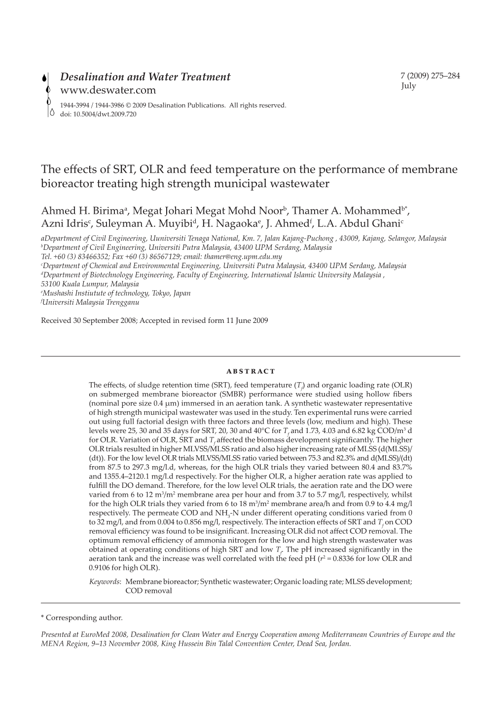 The Effects of SRT, OLR and Feed Temperature on the Performance of Membrane Bioreactor Treating High Strength Municipal Wastewater