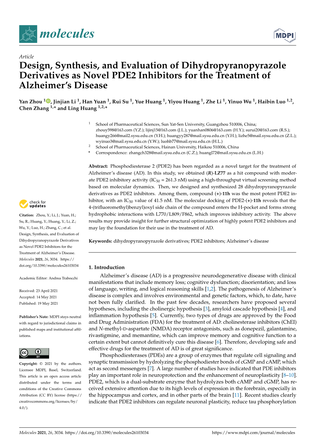 Design, Synthesis, and Evaluation of Dihydropyranopyrazole Derivatives As Novel PDE2 Inhibitors for the Treatment of Alzheimer’S Disease