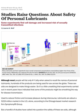 Studies Raise Questions About Safety of Personal Lubricants Some Experiments ﬁnd Cell Damage and Increased Risk of Sexually Transmitted Infections by Lauren K