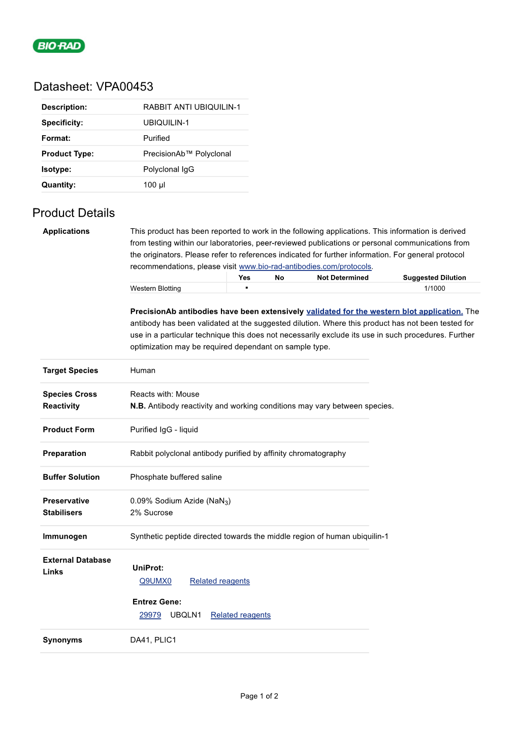 Datasheet: VPA00453 Product Details