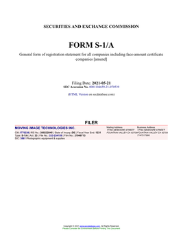 MOVING Image TECHNOLOGIES INC. Form S-1/A Filed 2021-05-21