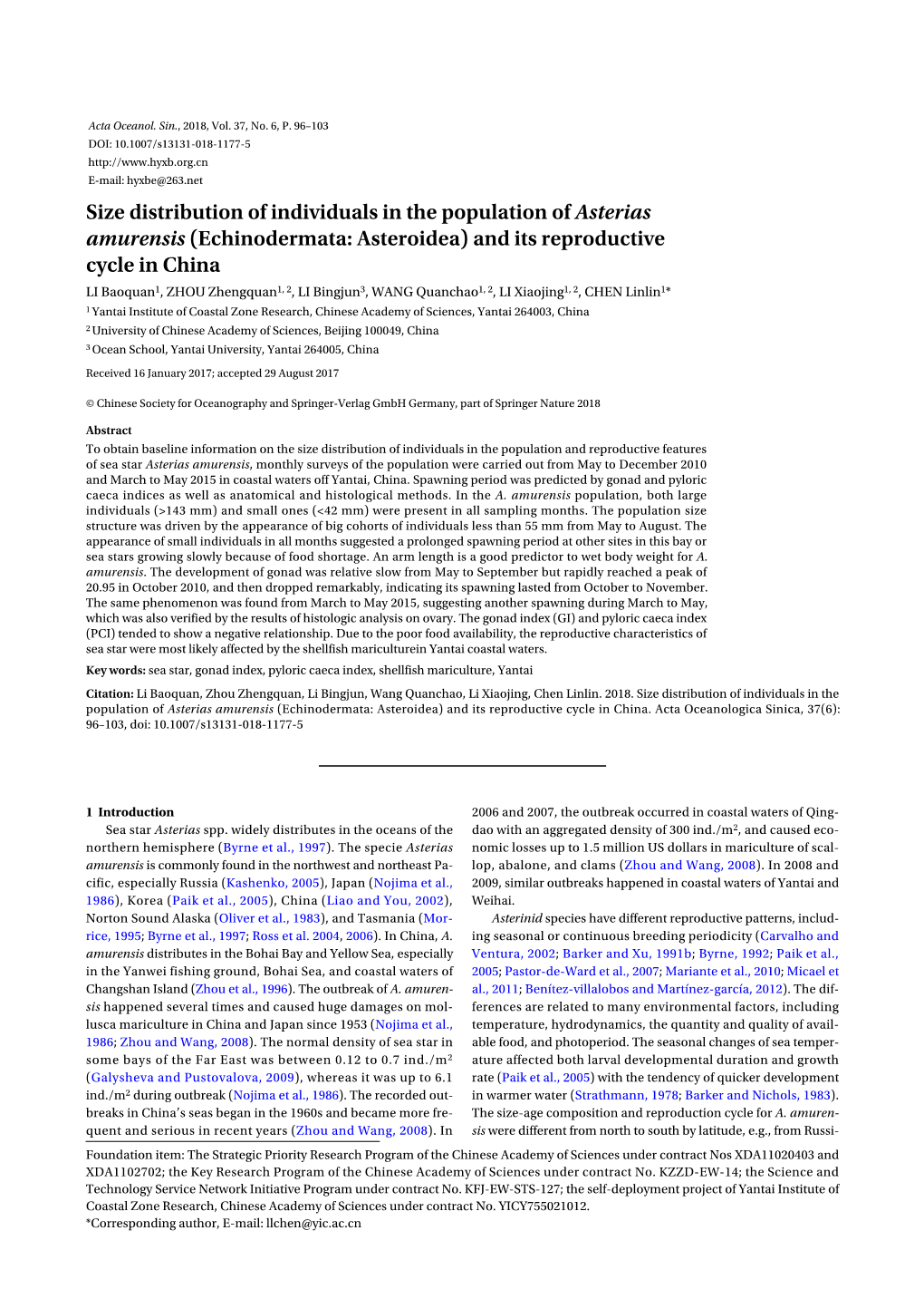 Size Distribution of Individuals in the Population of Asterias Amurensis (Echinodermata: Asteroidea) and Its Reproductive Cycle