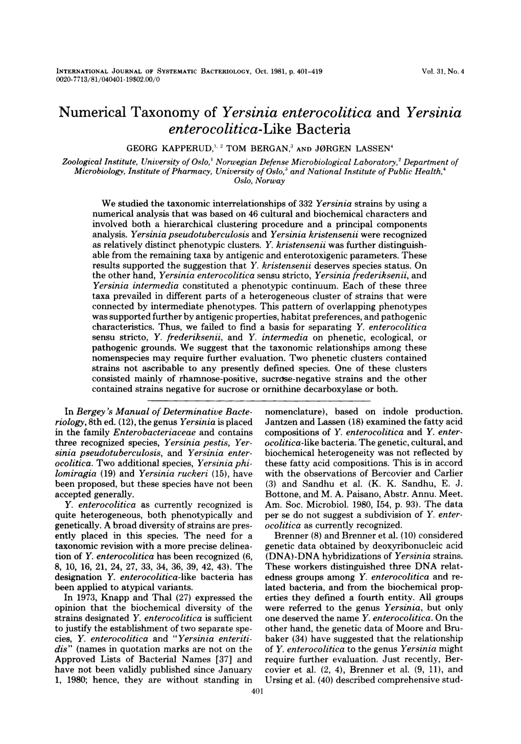 Numerical Taxonomy of Yersinia Enterocozitica and Yersinia Enterocozztica-Like Bacteria