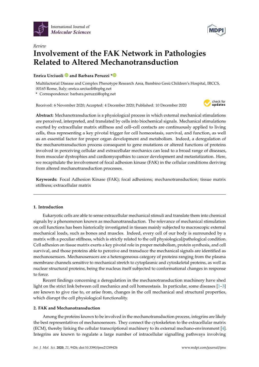 Involvement of the FAK Network in Pathologies Related to Altered Mechanotransduction