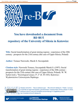 Social Transformation of Great Mining Regions : Experience of the 20Th Century : Prospects for the 21Th Century (The Case of Upper Silesia, Poland)