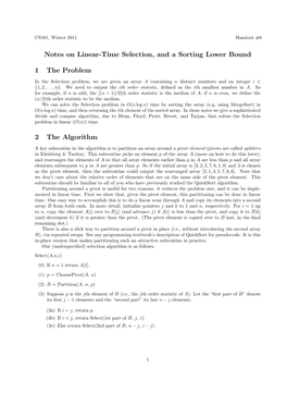 Notes on Linear-Time Selection, and a Sorting Lower Bound 1 The