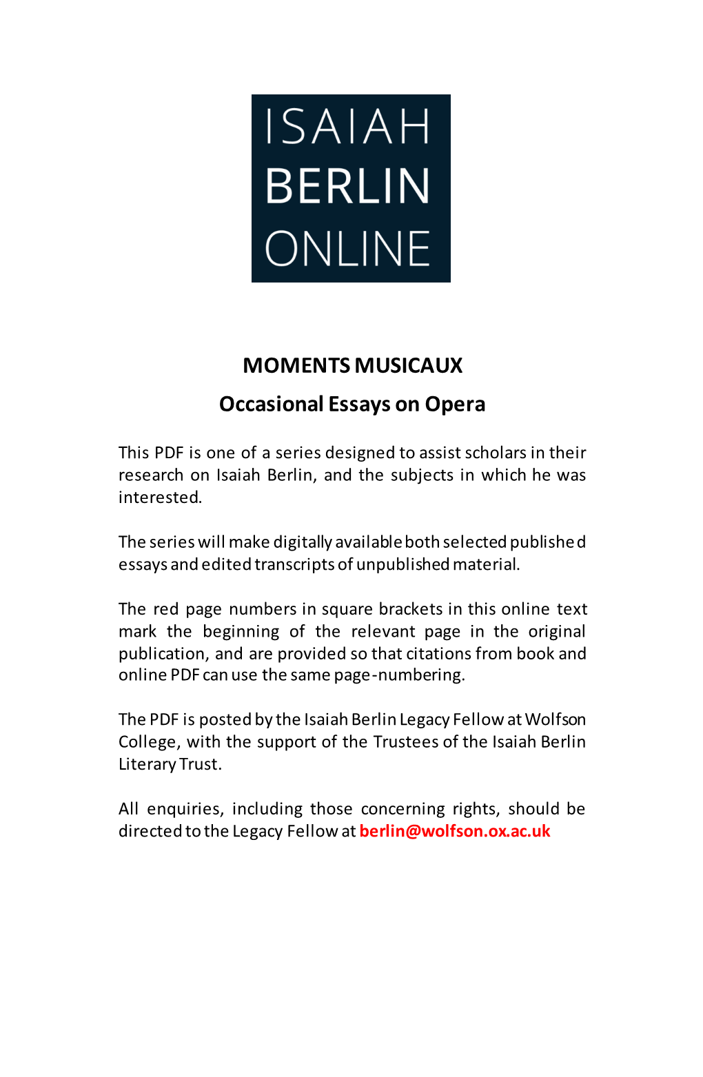 MOMENTS MUSICAUX Occasional Essays on Opera