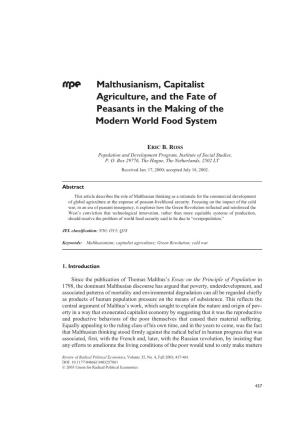 Malthusianism, Capitalist Agriculture, and the Fate of Peasants in the Making of the Modern World Food System