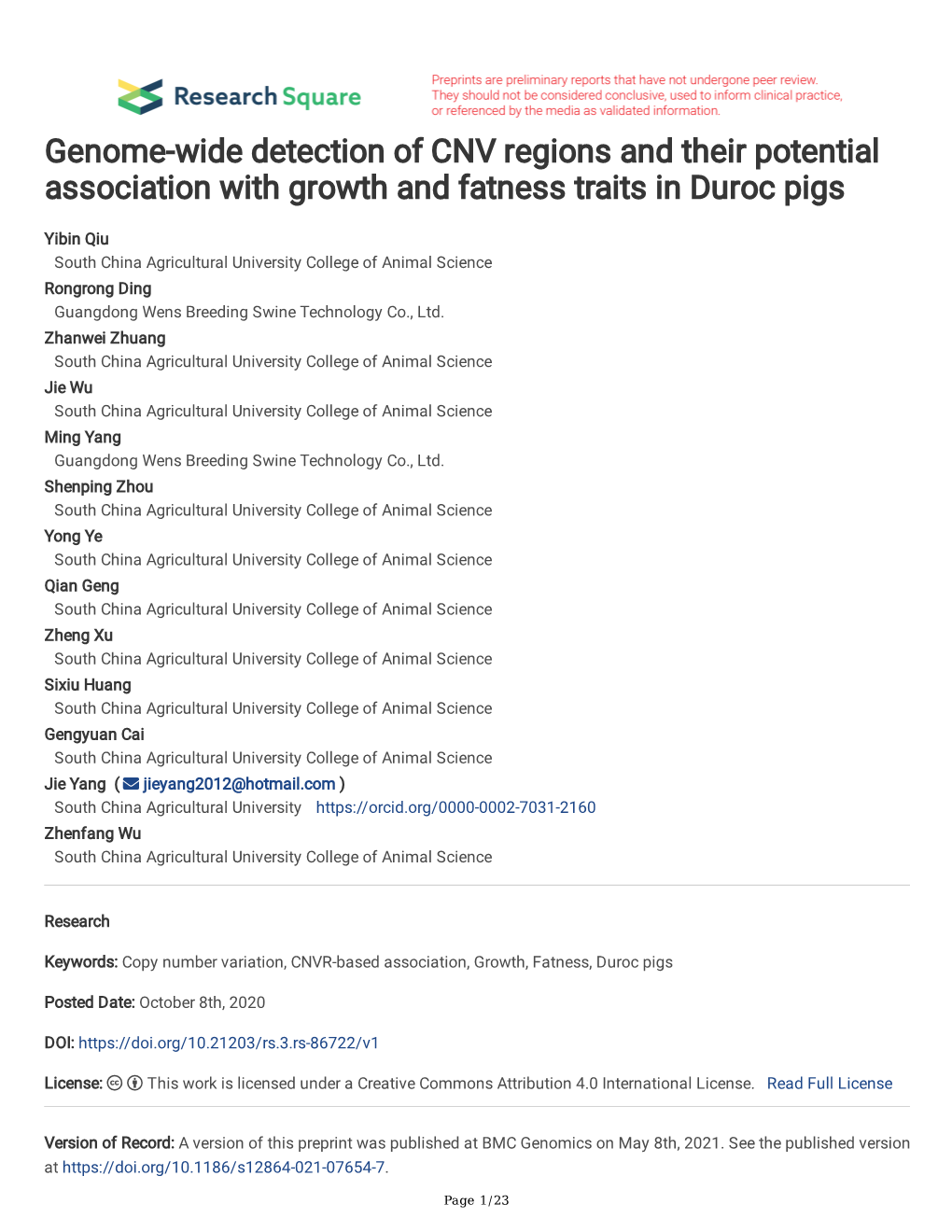 Genome-Wide Detection of CNV Regions and Their Potential Association with Growth and Fatness Traits in Duroc Pigs