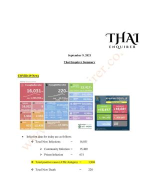September 9, 2021 Thai Enquirer Summary COVID-19 News