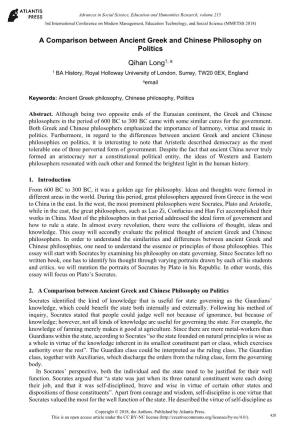 A Comparison Between Ancient Greek and Chinese Philosophy on Politics Qihan Long1, A