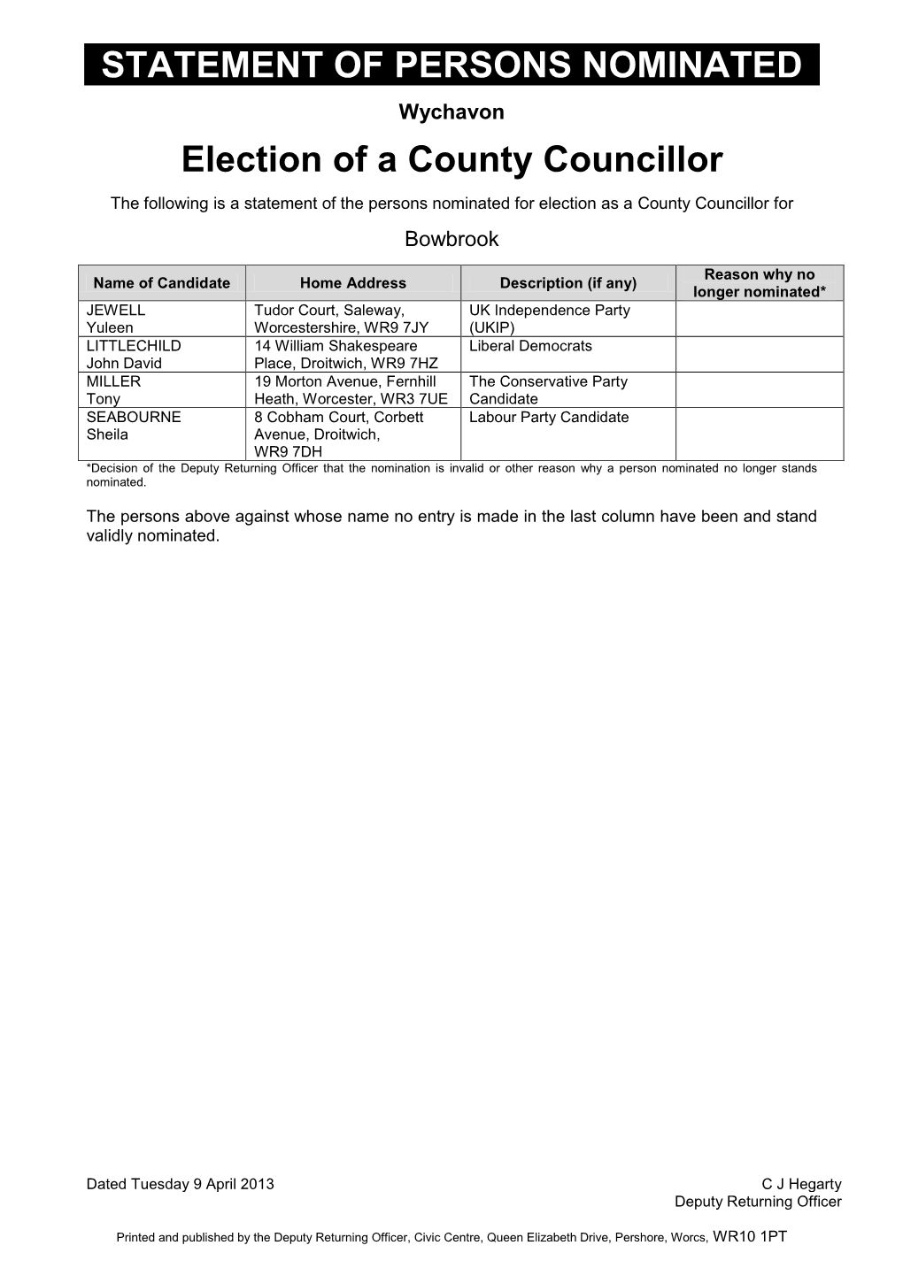 STATEMENT of PERSONS NOMINATED Election of a County