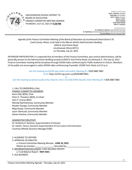 1 Finance Committee Meeting Agenda - Thursday, July 22, 2021 A