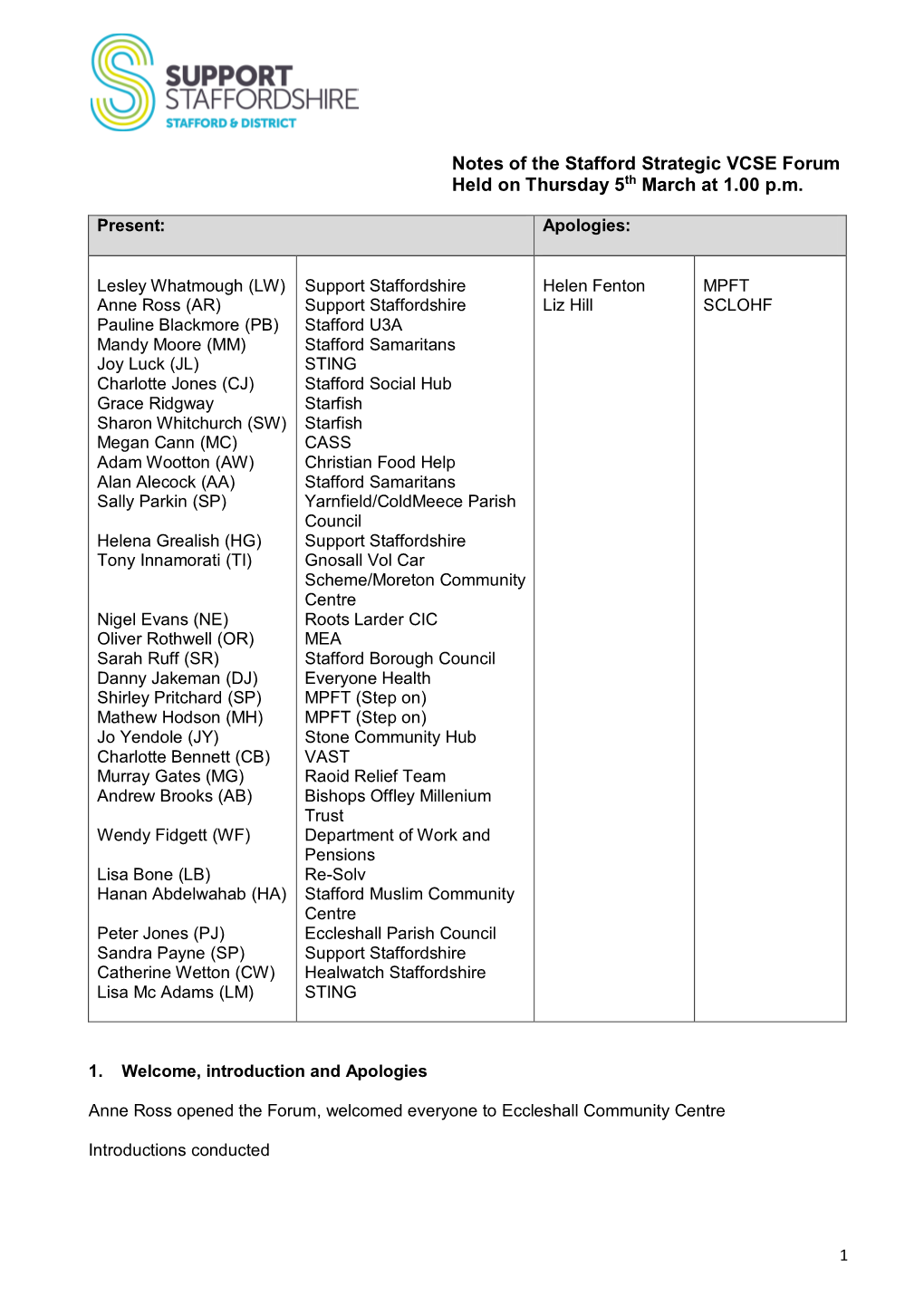 Notes of the Stafford Strategic VCSE Forum Held on Thursday 5Th March at 1.00 P.M