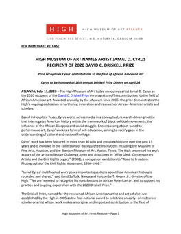 High Museum of Art Names Artist Jamal D. Cyrus Recipient of 2020 David C