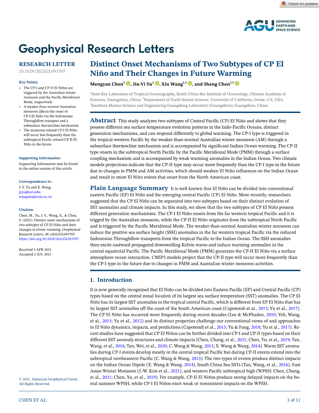 Distinct Onset Mechanisms of Two Subtypes of CP El Niño and Their