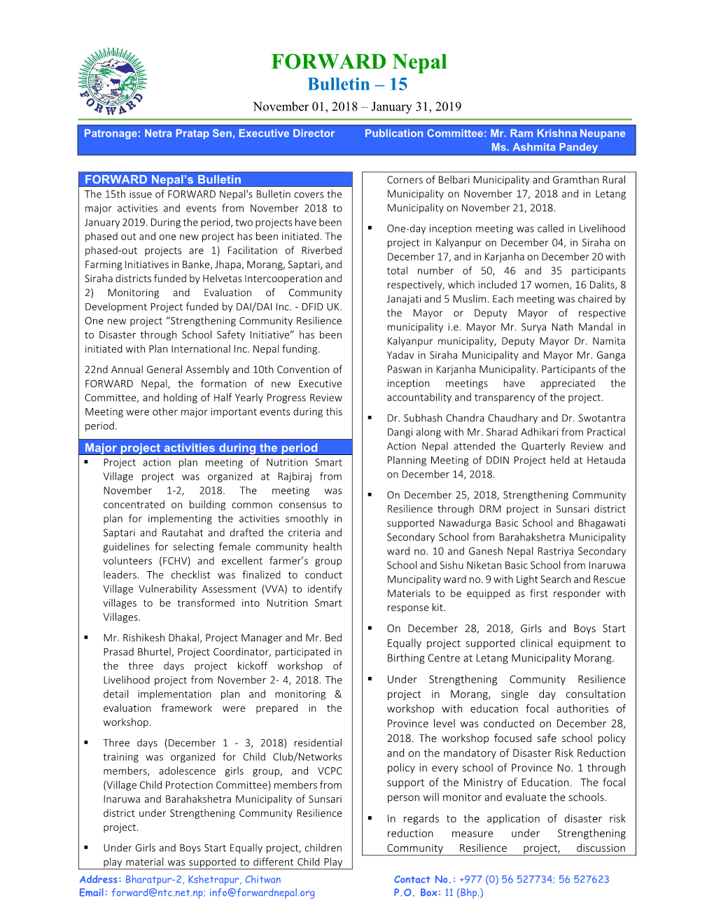 FORWARD Nepal Bulletin – 15 November 01, 2018 – January 31, 2019